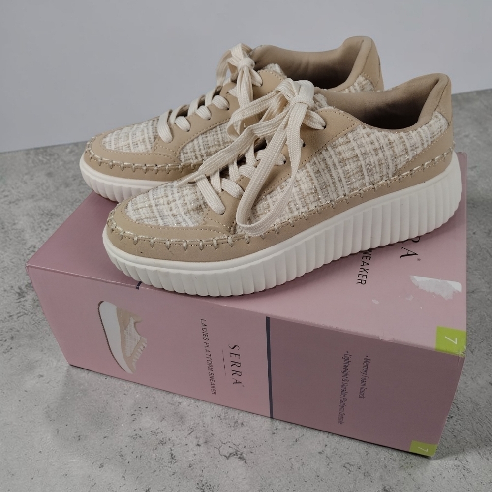 Serra Women's Size 7 Platform Wedge Crochet Fabric Beige With Box Summer Fashion